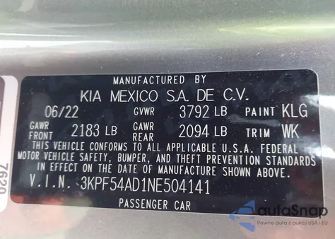 2022 Kia Forte Gt-Line из США, поврежденный, VIN 3KPF54AD1NE504141